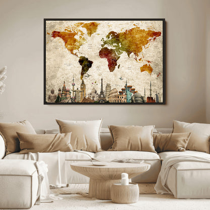 Push Pin World Map Canvas Print – Framed Wall Art for Couples to Track Their Travels – Anniversary Gift or Home Adventure Decor