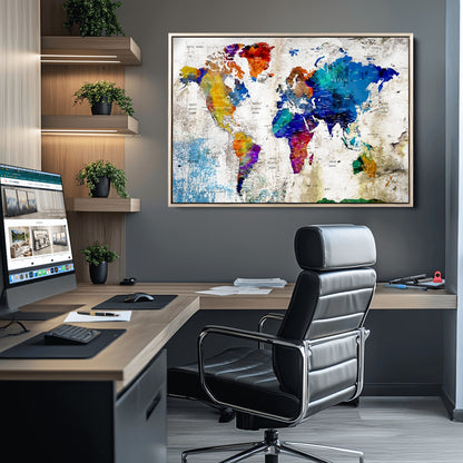 Push Pin World Map Canvas Print – Framed Wall Art for Couples to Track Their Travels – Anniversary Gift or Home Adventure Decor