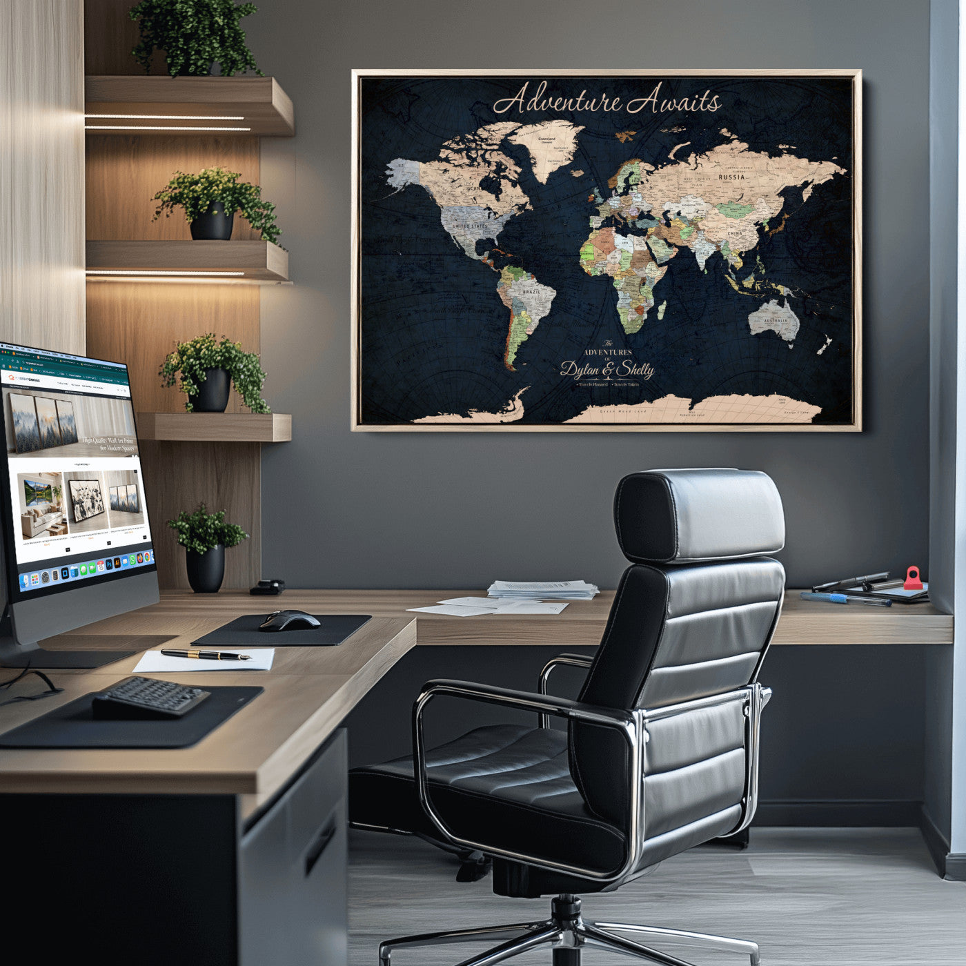 43186793-MGV-CV-30X20-Personalized World Map Print, Customizable Push Pin Framed World Map Print on Canvas - Custom Quote on Map Print