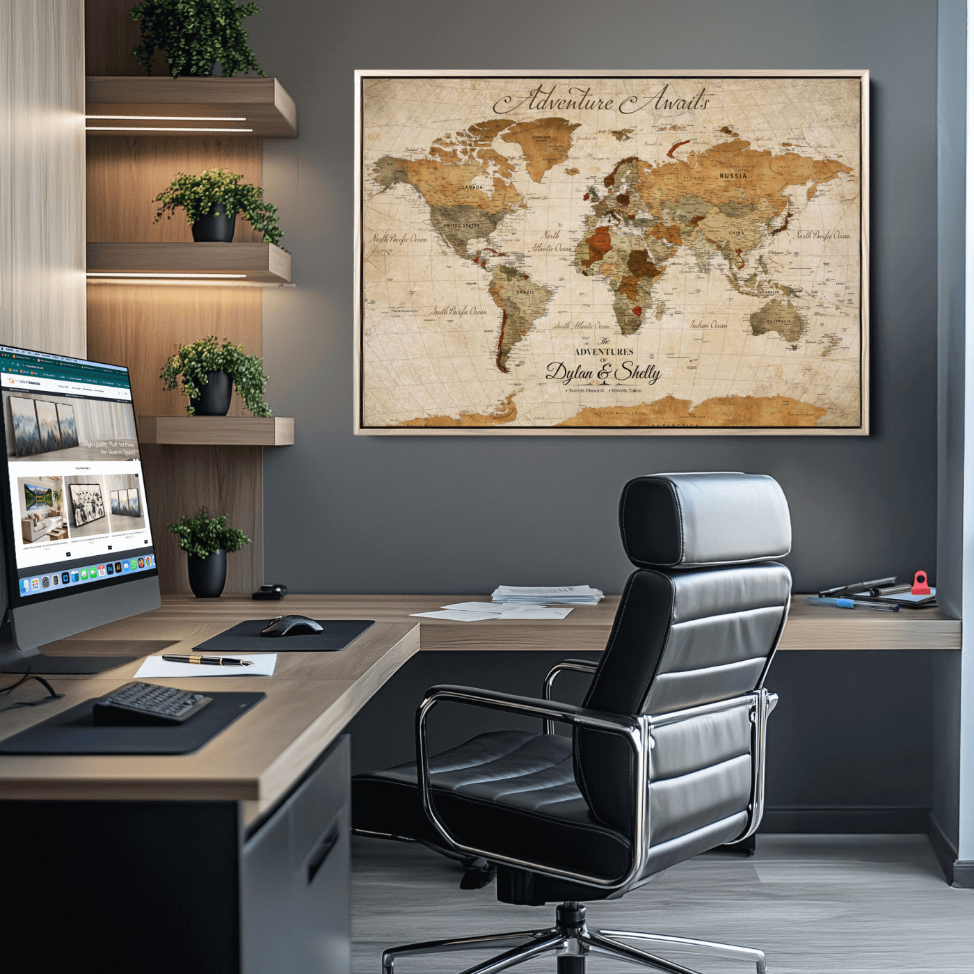 20810820-MGV-CV-30X20-Personalized World Map Print, Customizable Push Pin Framed World Map Print on Canvas - Custom Quote on Map Print