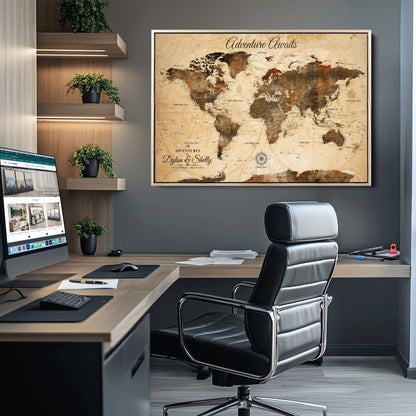 66357947-MGV-CV-36X24-Personalized World Map Print, Customizable Push Pin Framed World Map Print on Canvas - Custom Quote on Map Print