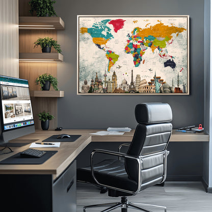 Push Pin World Map Canvas Print – Framed Wall Art for Couples to Track Their Travels – Anniversary Gift or Home Adventure Decor