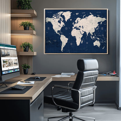 Push Pin World Map Canvas Print – Framed Wall Art for Couples to Track Their Travels – Anniversary Gift or Home Adventure Decor