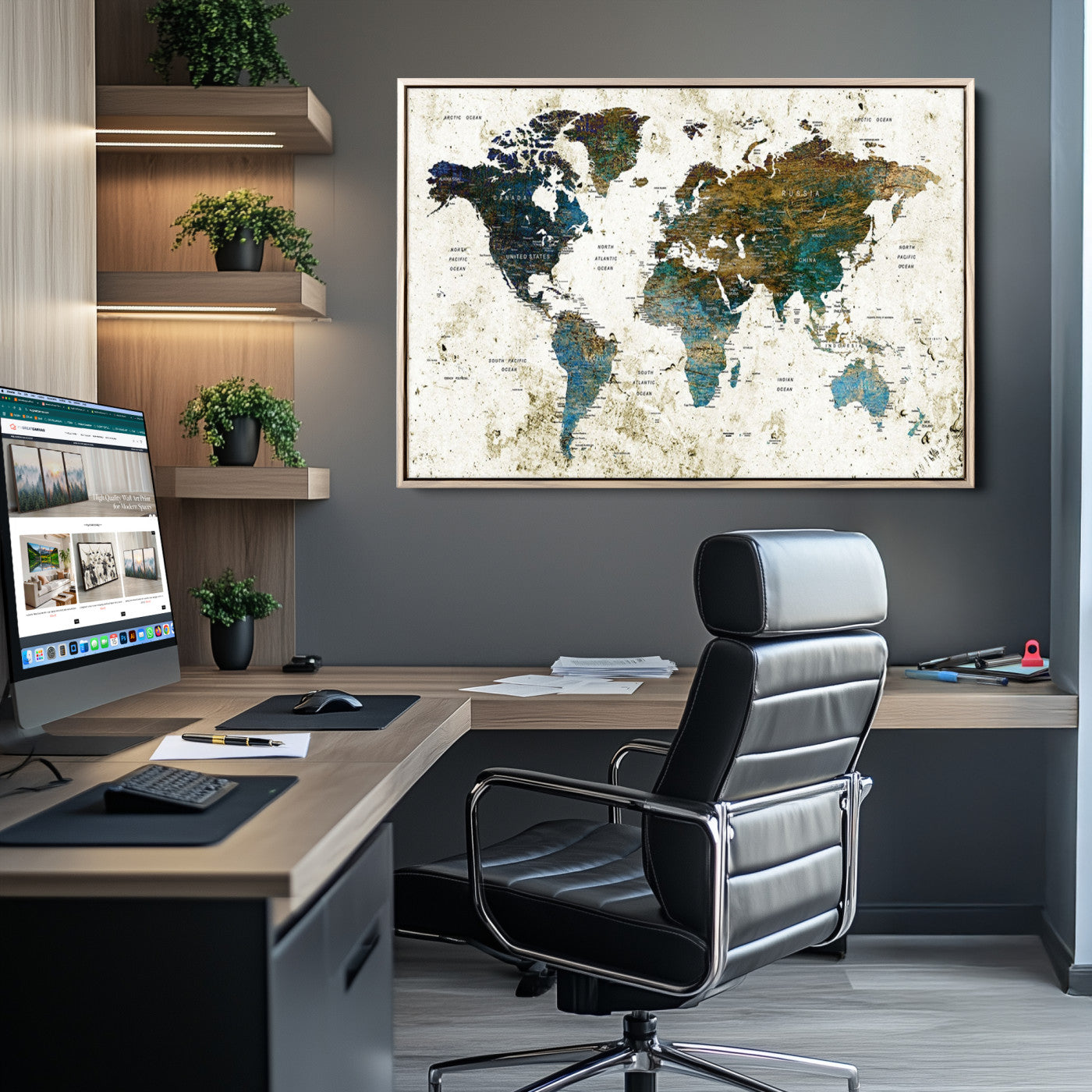 Vintage World Map Wall Art Canvas Print, Framed Rustic Earth Map Art Picture Print, Antique Map Perfect Rustic Vintage Decor Artwork