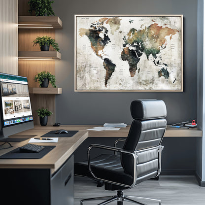 Push Pin World Map Canvas Print – Framed Wall Art for Couples to Track Their Travels – Anniversary Gift or Home Adventure Decor