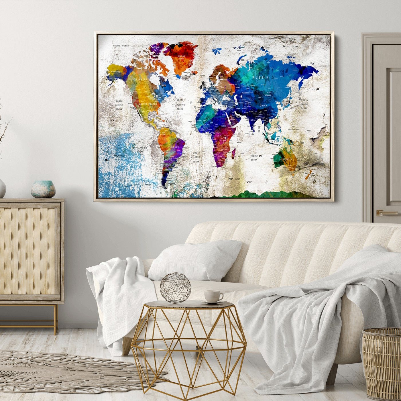 Push Pin World Map Canvas Print – Framed Wall Art for Couples to Track Their Travels – Anniversary Gift or Home Adventure Decor