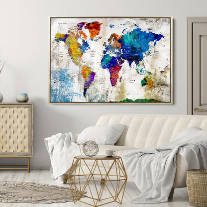 Push Pin World Map Canvas Print – Framed Wall Art for Couples to Track Their Travels – Anniversary Gift or Home Adventure Decor