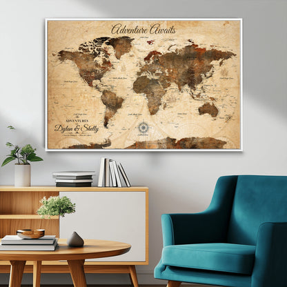 66357947-MGV-CV-36X24-Personalized World Map Print, Customizable Push Pin Framed World Map Print on Canvas - Custom Quote on Map Print