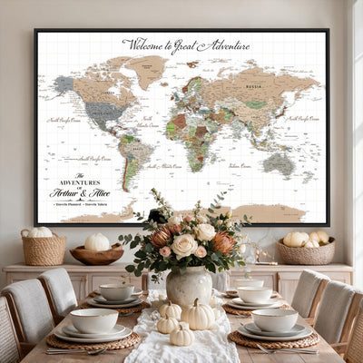 85396539-MGV-CV-36X24 - Custom Beige Push Pin World Map Wall Art, Bucket List Map, Study and Hallway Decor