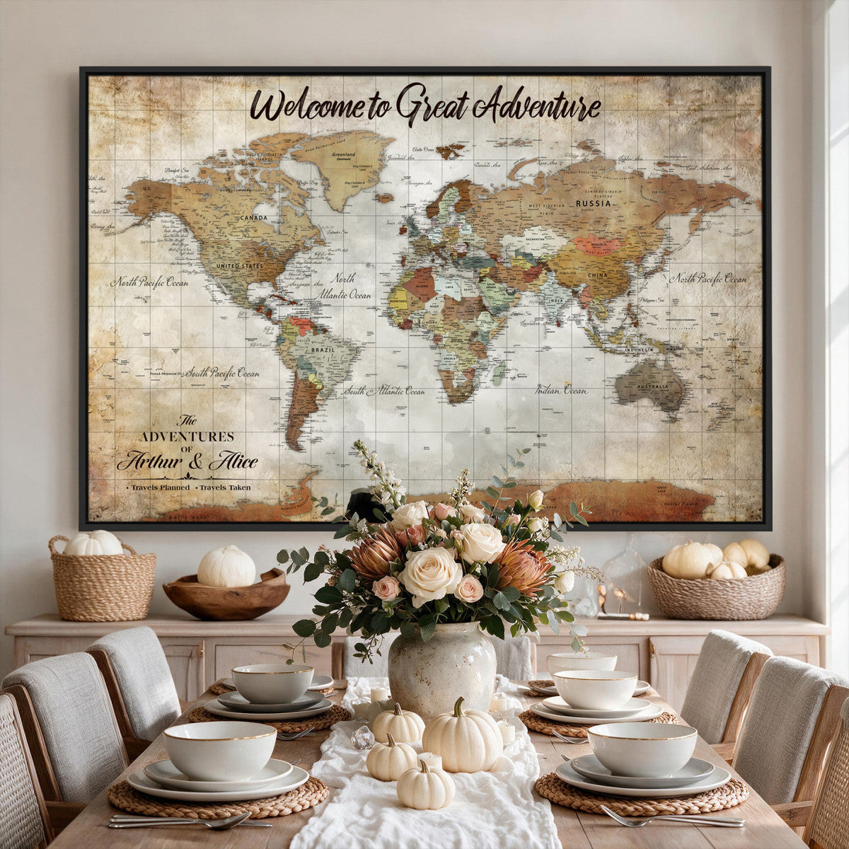 Personalized Beige Push Pin World Map Wall Art, Bucket List Map, Living Room and Family Room Decor