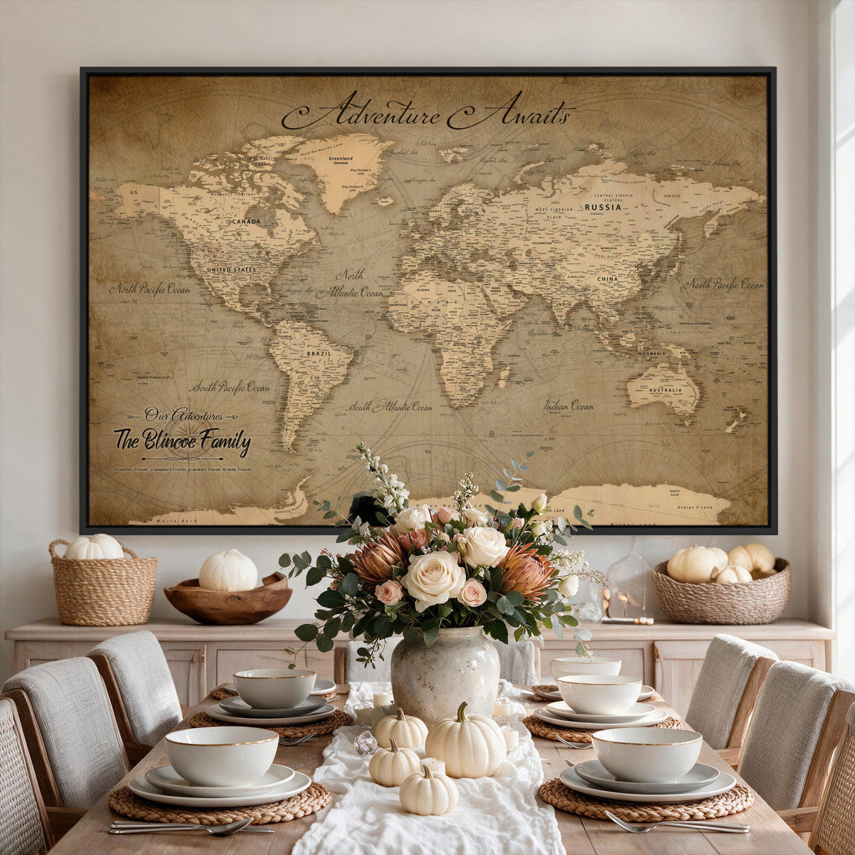Personalized Framed Beige World Travel Map Wall Art with Pins, Family Travel Tracker, Family Room and Entryway Decor