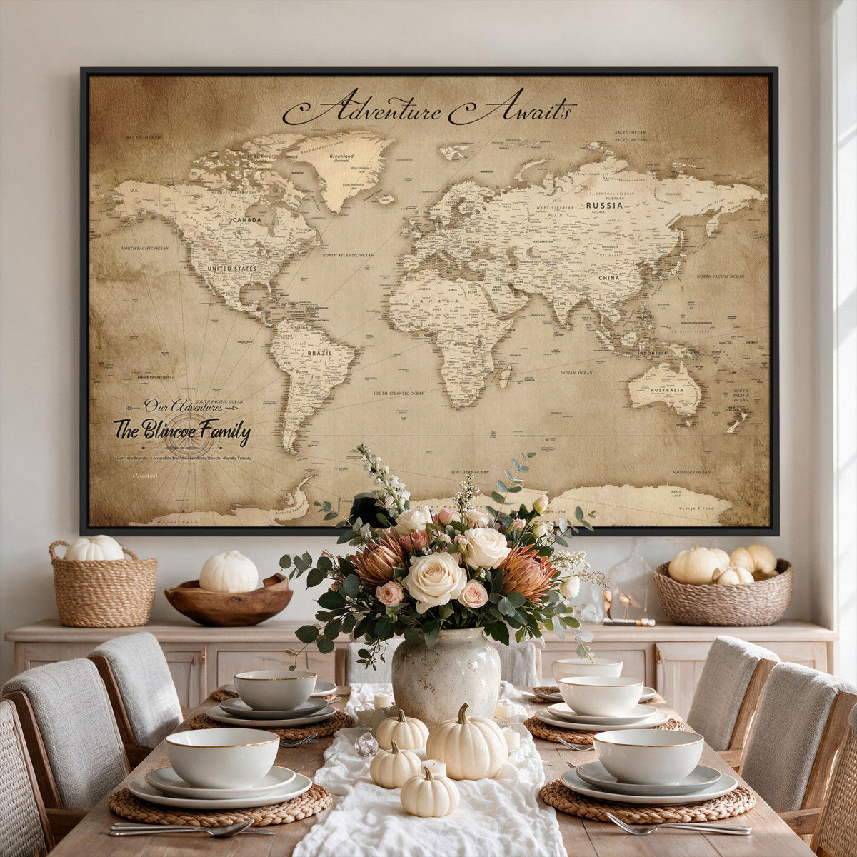 Personalized Black Modern Push Pin World Map Wall Art, Places Visited Tracker, Family Room and Bedroom Decor