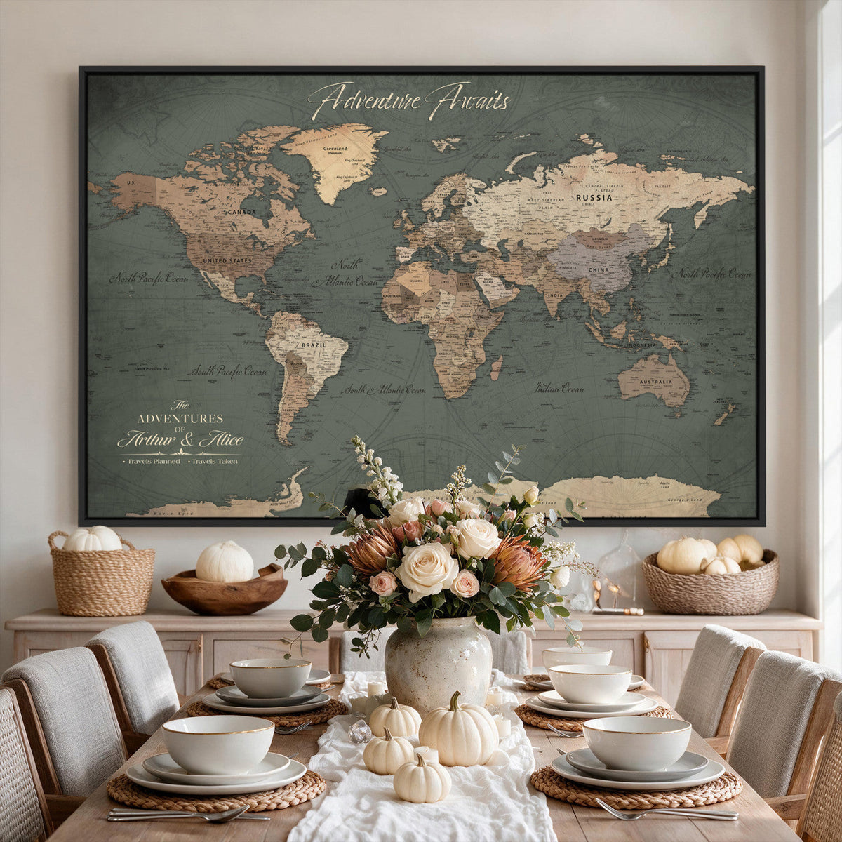 Personalized Framed Beige Modern World Map Canvas with Push Pins, Bucket List Map, Family Room and Dining Room Decor
