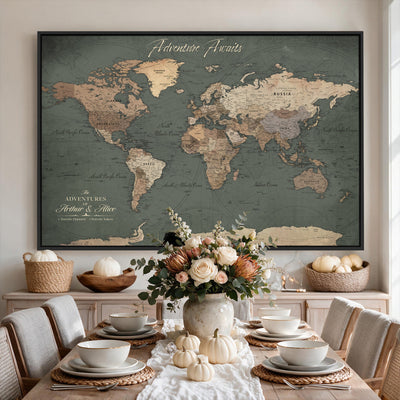 Personalized Framed Beige Modern World Map Canvas with Push Pins, Bucket List Map, Family Room and Dining Room Decor