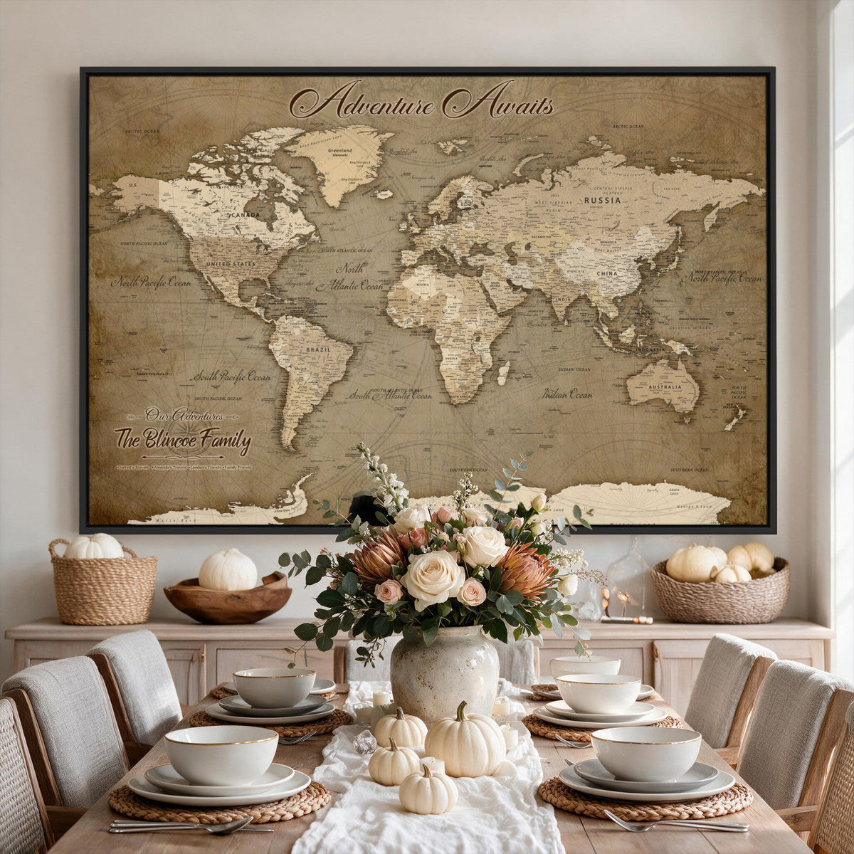 Custom Beige Modern Push Pin World Map Canvas Print, Family Travel Tracker, Dining Room and Home Office Decor