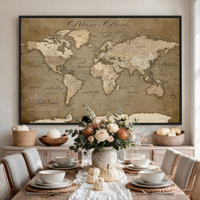 Custom Beige Modern Push Pin World Map Canvas Print, Family Travel Tracker, Dining Room and Home Office Decor