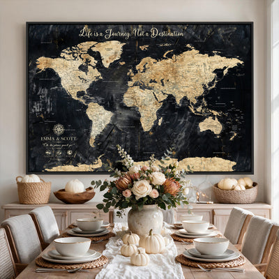 Personalized Framed Navy Modern Push Pin World Map Canvas Print, Couples Countries Visited Map, Family Room and Study Decor