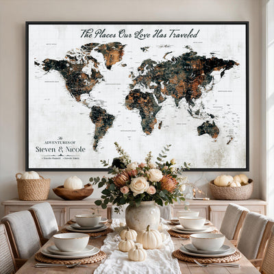Personalized Beige Push Pin World Map Canvas Print, Honeymoon and Anniversary Gift, Living Room and Dining Room Decor