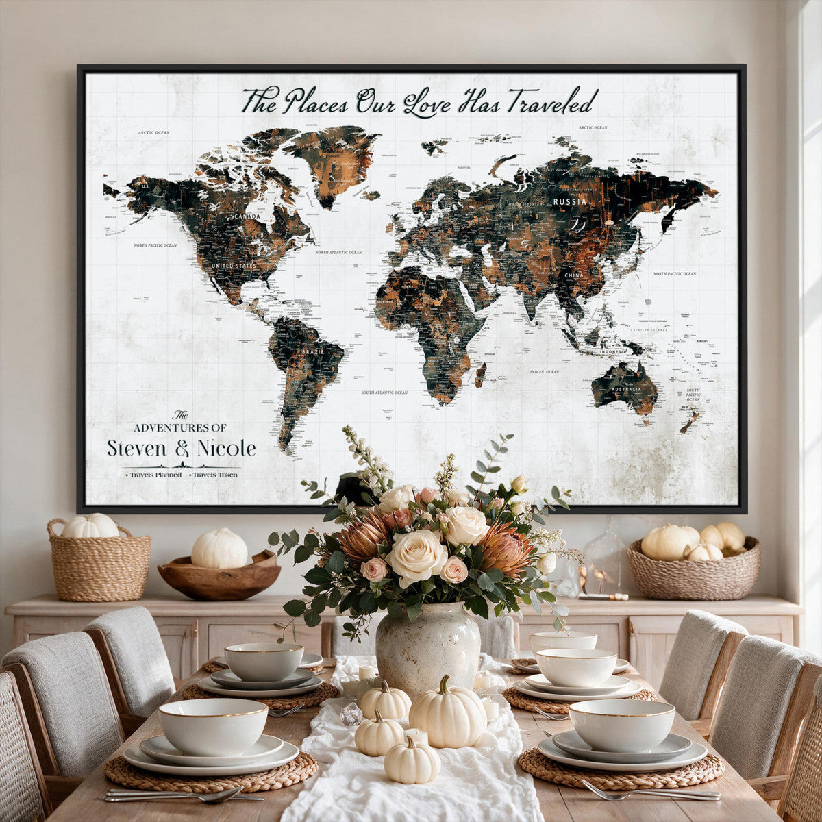 29090064-MGV-CV-36X24 - Custom Push Pin World Map Wall Art Canvas Print | Personalized Travel Tracker with Pins Framed Large for Home and Office Decor