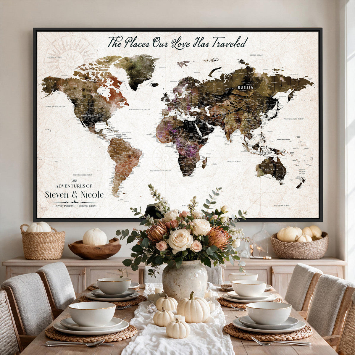 34345515-MGV-CV-36X24 - Custom Push Pin World Map Wall Art Canvas Print | Personalized Travel Tracker with Pins Framed Large for Home and Office Decor