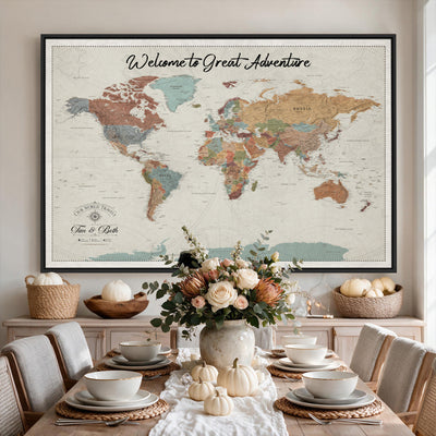 Custom Beige Push Pin World Map Canvas Print, Bucket List Map, Dining Room and Home Office Decor