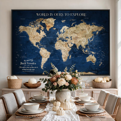 35296308-MGV-CV-36X24 - Custom Push Pin World Map Wall Art Canvas Print | Personalized Travel Tracker with Pins Framed Large for Home and Office Decor