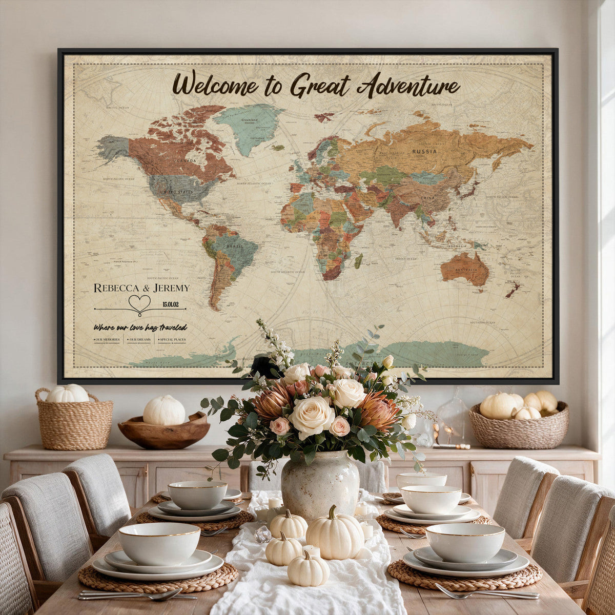 Large Personalized Beige Minimalist Push Pin World Map Wall Art, Next Trip Planner Map, Bedroom and Home Office Decor