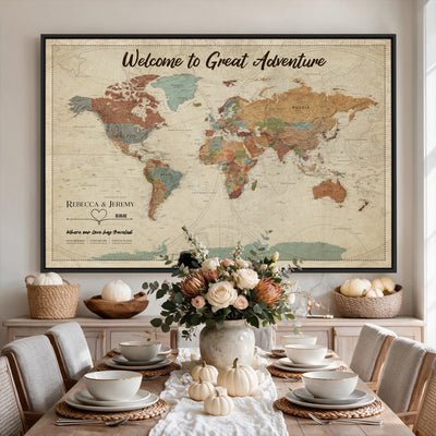 Large Personalized Beige Minimalist Push Pin World Map Wall Art, Next Trip Planner Map, Bedroom and Home Office Decor
