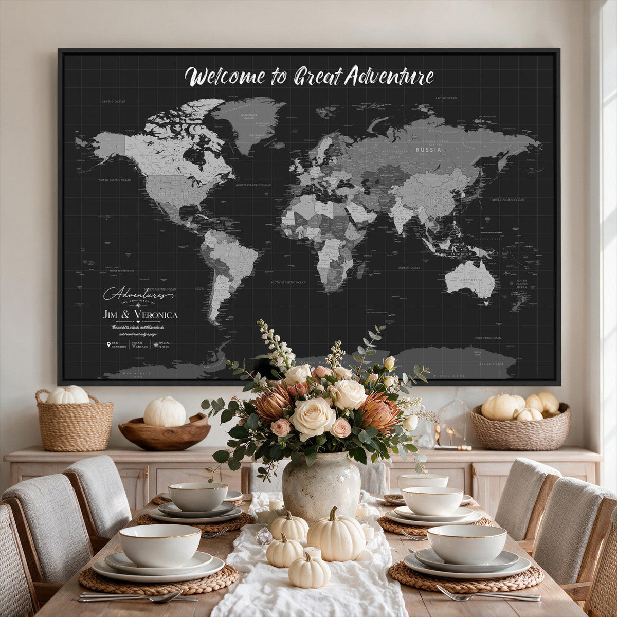Custom Framed Navy Vintage World Map Canvas with Push Pins, Next Trip Planner Map, Entryway and Hallway Decor