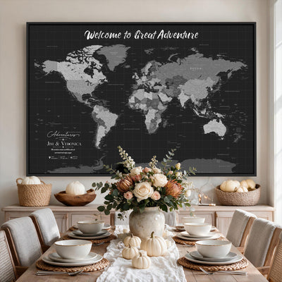 Custom Framed Navy Vintage World Map Canvas with Push Pins, Next Trip Planner Map, Entryway and Hallway Decor