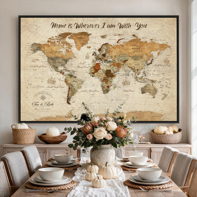 Personalized Framed Black Modern Push Pin World Map Wall Art, Couples Countries Visited Map, Dining Room and Hallway Decor