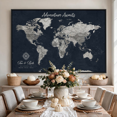 Personalized Framed Beige Vintage Push Pin World Map Wall Art, Bucket List Map, Study and Hallway Decor