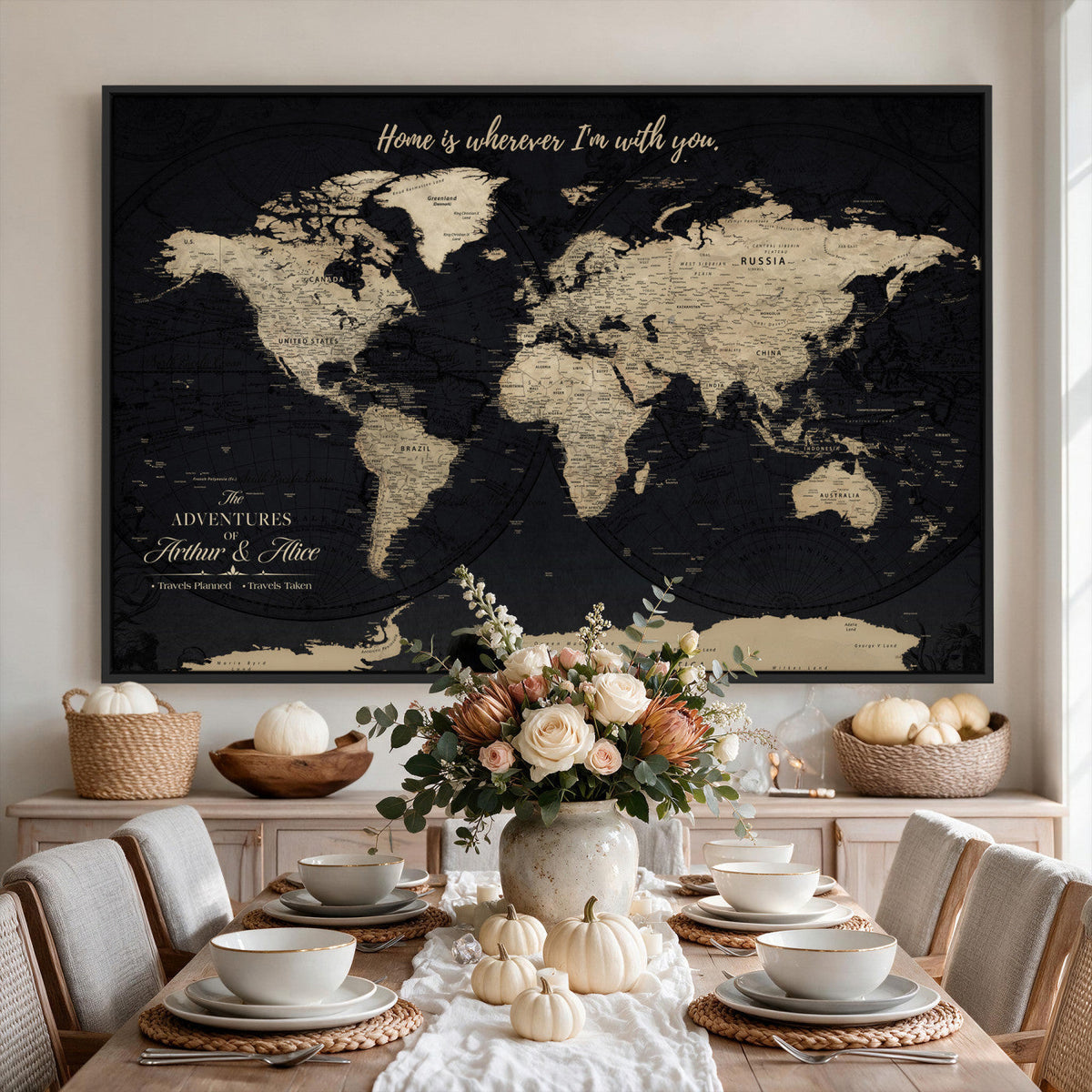 Personalized Framed Beige Modern Push Pin World Map Canvas Print, Places Visited Tracker, Family Room and Bedroom Decor