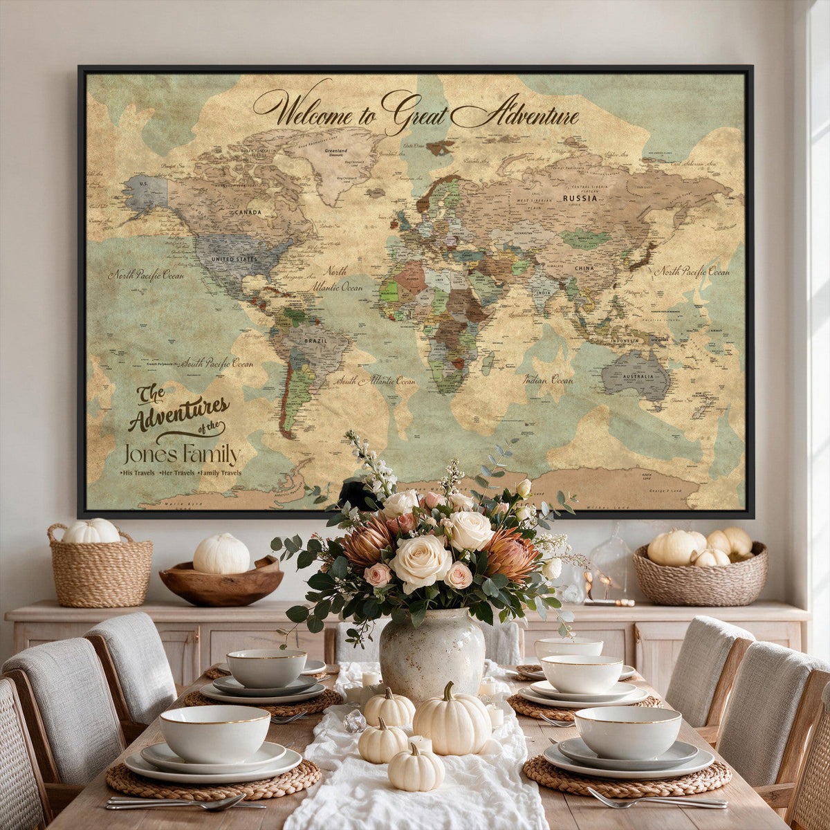 Personalized Framed Navy Vintage Push Pin World Map Wall Art, Places Visited Tracker, Bedroom and Hallway Decor