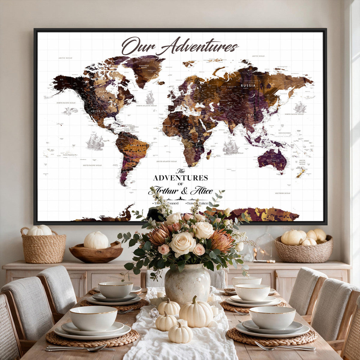 Personalized Framed Beige Vintage Push Pin Travel Map Canvas Print, Next Trip Planner Map, Home Office and Entryway Decor