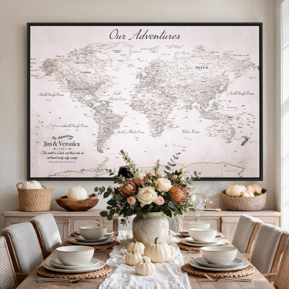 Personalized Beige Vintage World Travel Map Wall Art with Pins, Honeymoon and Anniversary Gift, Entryway and Hallway Decor