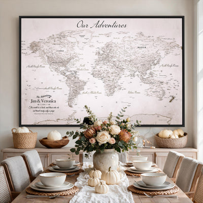 Personalized Beige Vintage World Travel Map Wall Art with Pins, Honeymoon and Anniversary Gift, Entryway and Hallway Decor