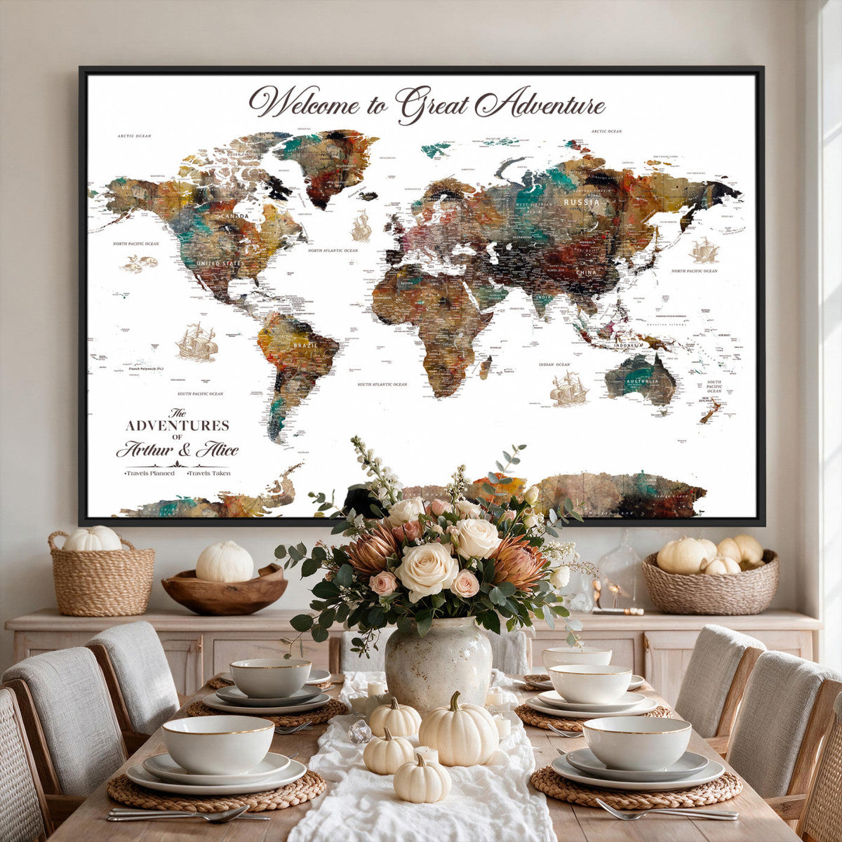 Custom Framed Beige Modern Push Pin World Map Wall Art, Couples Countries Visited Map, Study and Entryway Decor