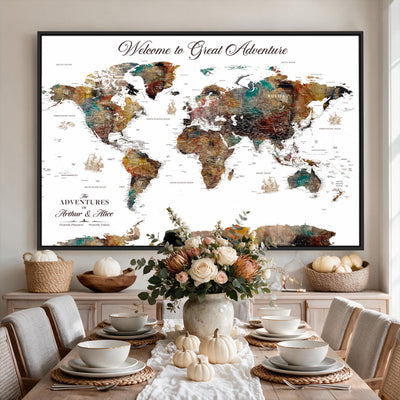 Custom Framed Beige Modern Push Pin World Map Wall Art, Couples Countries Visited Map, Study and Entryway Decor