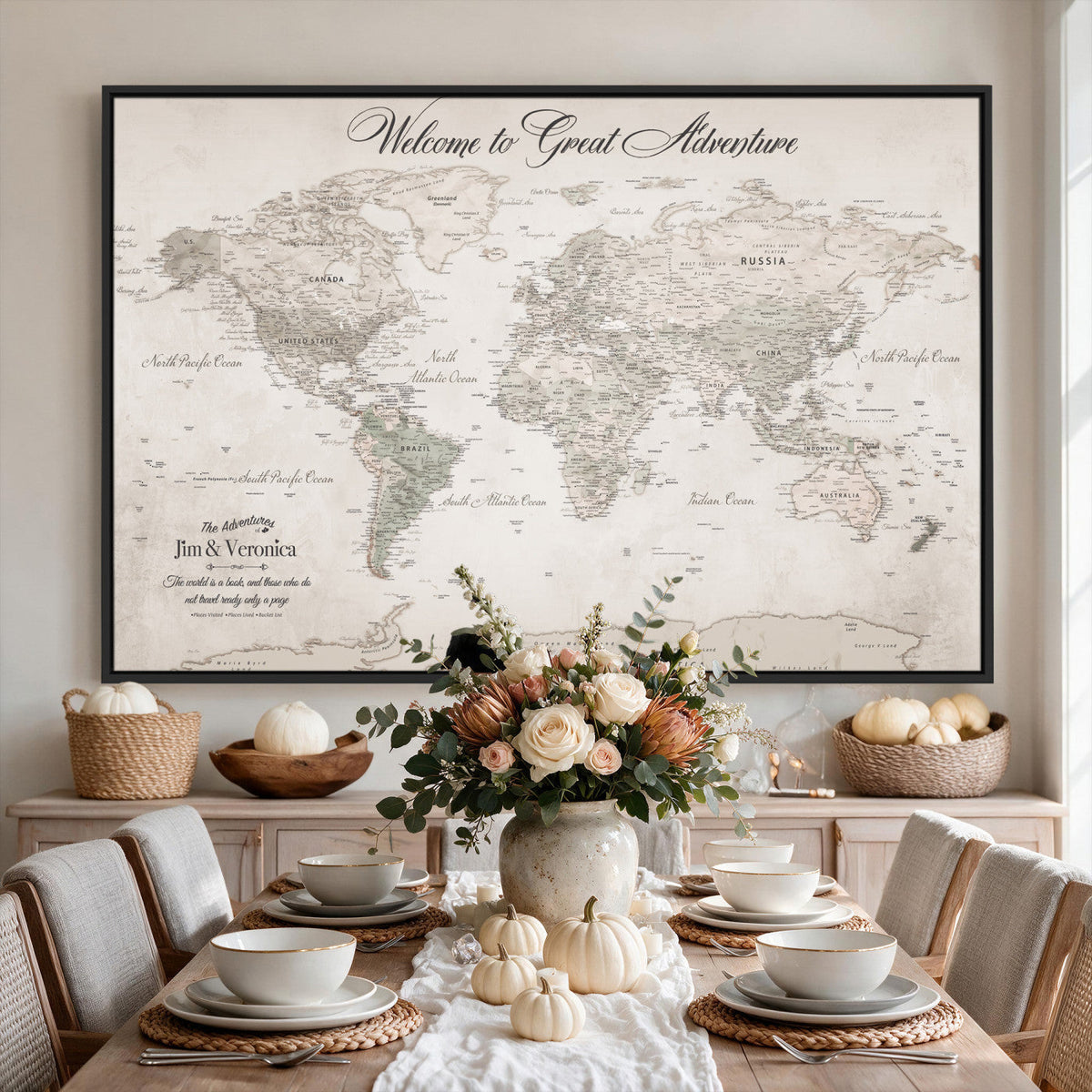 84311132-MGV-CV-36X24 - Personalized Beige World Map Canvas with Push Pins, Places Visited Tracker, Family Room and Entryway Decor