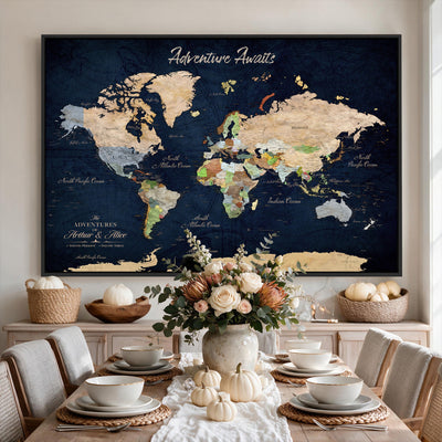 Personalized Beige Antique Push Pin Travel Map Canvas Print, Bucket List Map, Dining Room and Entryway Decor