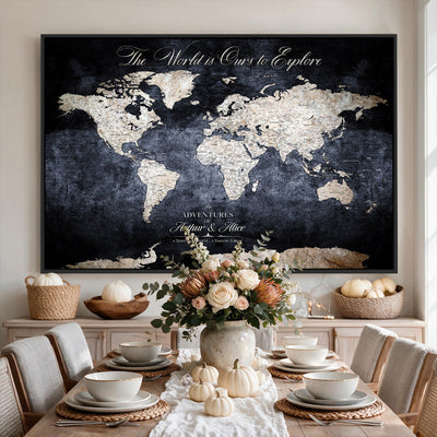 Personalized Beige Modern Push Pin Travel Map Canvas Print, Places Visited Tracker, Study and Entryway Decor