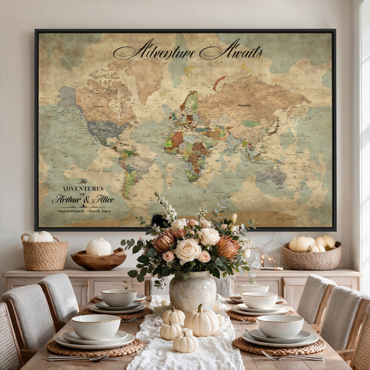 Custom Beige World Travel Map Wall Art with Pins, Bucket List Map, Dining Room and Study Decor