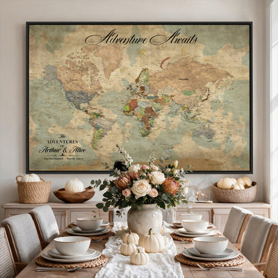 Custom Beige World Travel Map Wall Art with Pins, Bucket List Map, Dining Room and Study Decor