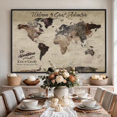 Custom Beige Modern Push Pin World Map Wall Art, Honeymoon and Anniversary Gift, Dining Room and Study Decor