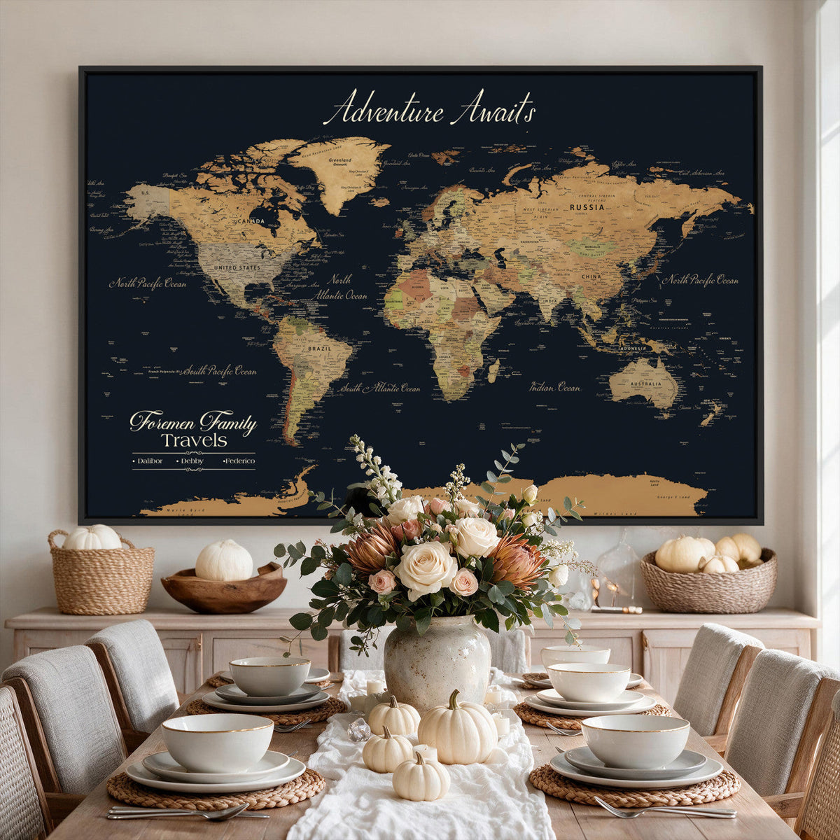 Personalized Framed Beige Geometric Family Push Pin World Map Canvas Print, Next Trip Planner Map, Family Room and Entryway Decor