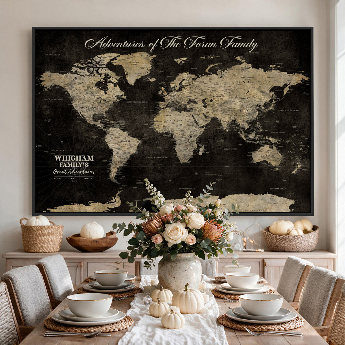 Personalized Framed Black Modern World Map Canvas with Push Pins, Next Trip Planner Map, Dining Room and Home Office Decor