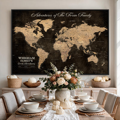 Personalized Framed Beige Geometric Push Pin Travel Map Canvas Print, Honeymoon and Anniversary Gift, Dining Room and Hallway Decor