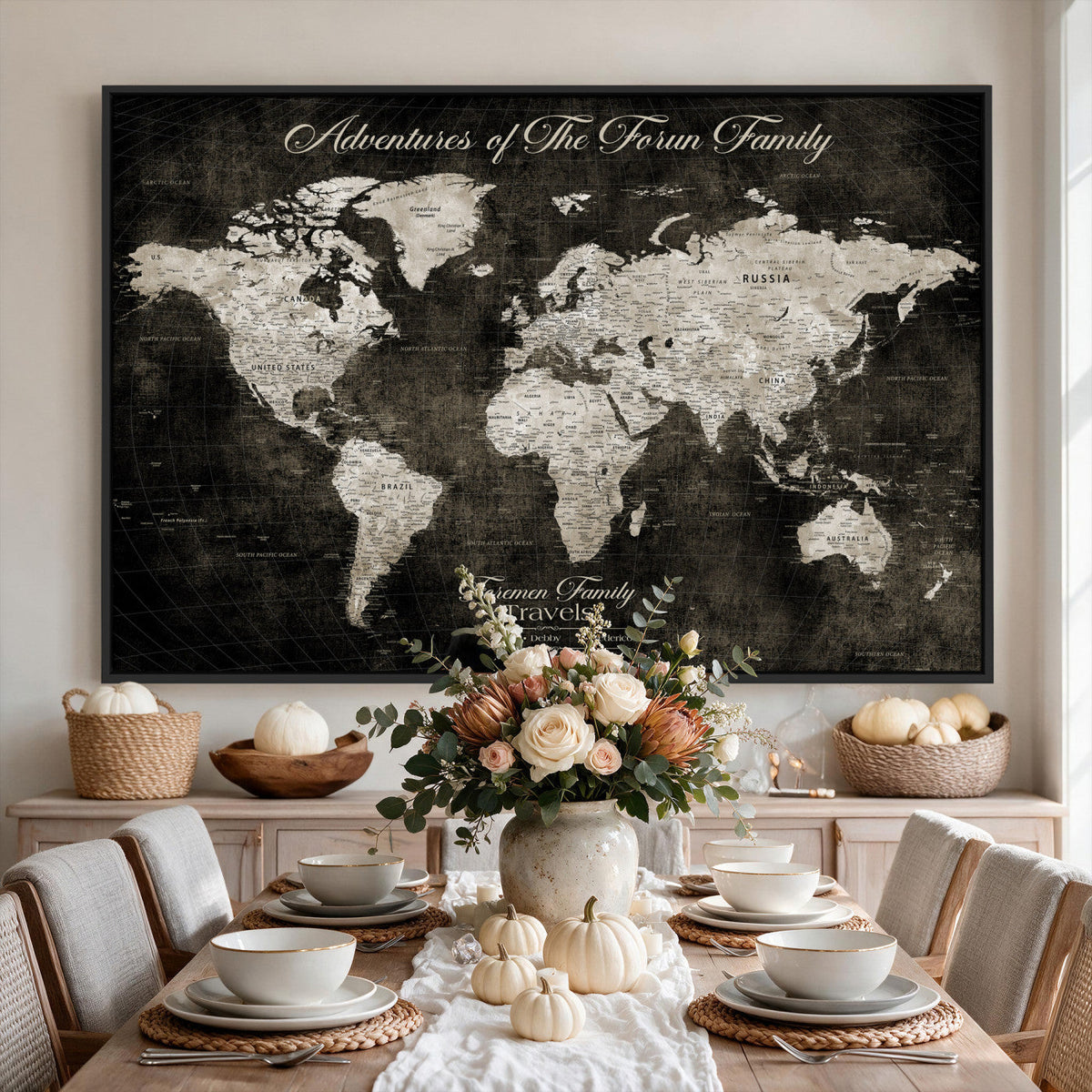 Personalized Framed Beige Push Pin World Map Canvas Print, Couples Countries Visited Map, Dining Room and Study Decor