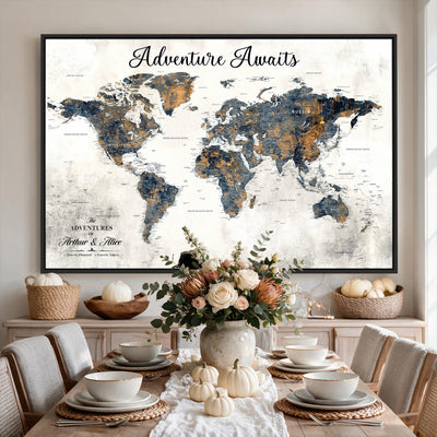 Custom Framed Beige Geometric World Travel Map Wall Art with Pins, Places Visited Tracker, Family Room and Home Office Decor